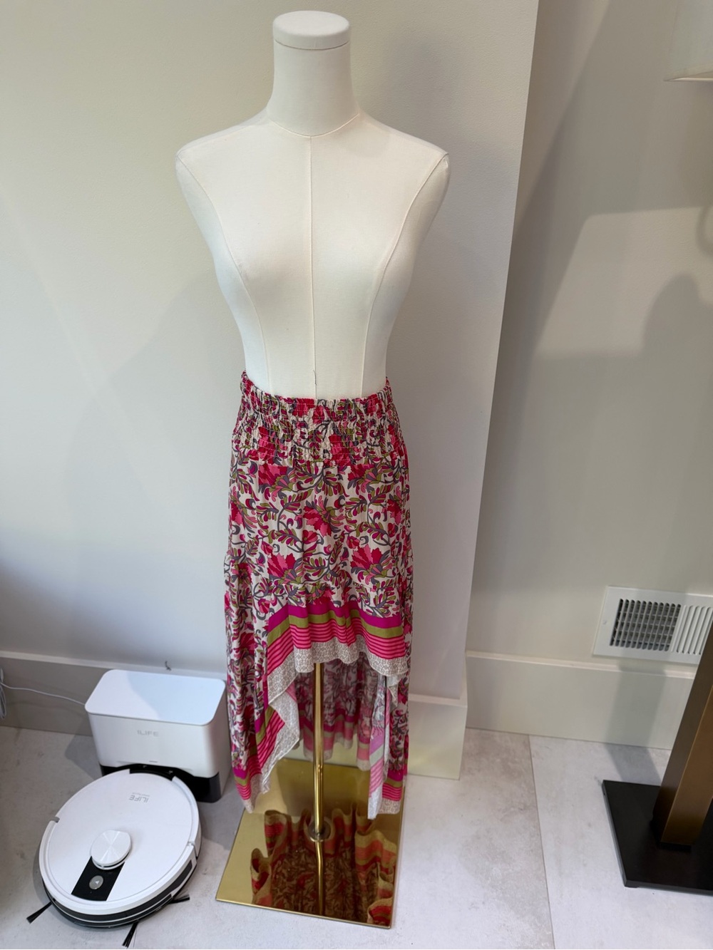 Pink Floral High-Low Maxi Skirt with Elastic Waist